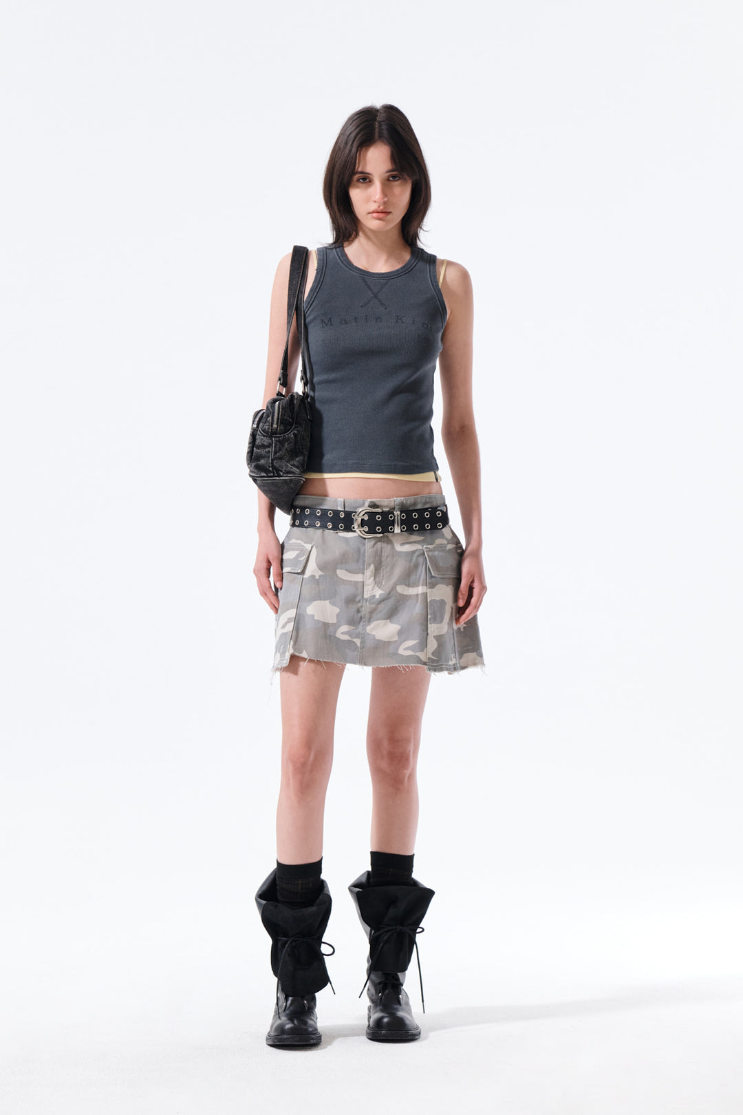 Matin Kim Cargo Mini Denim Skort — Beige