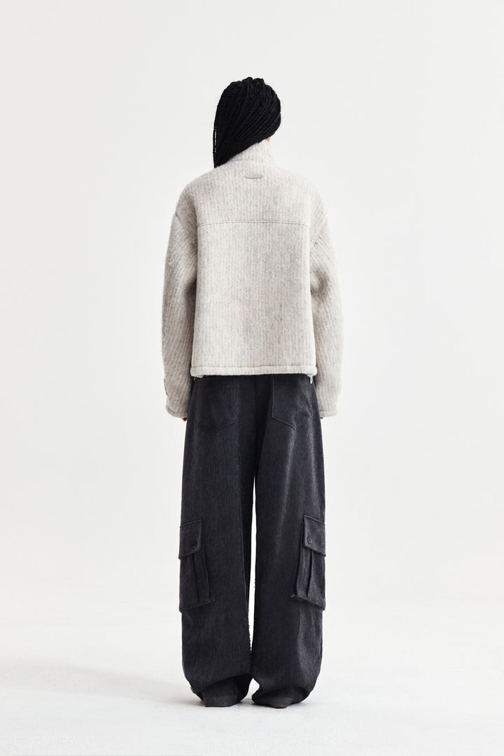 Matin Kim Hairy High Neck Zip Up Jumper — Beige