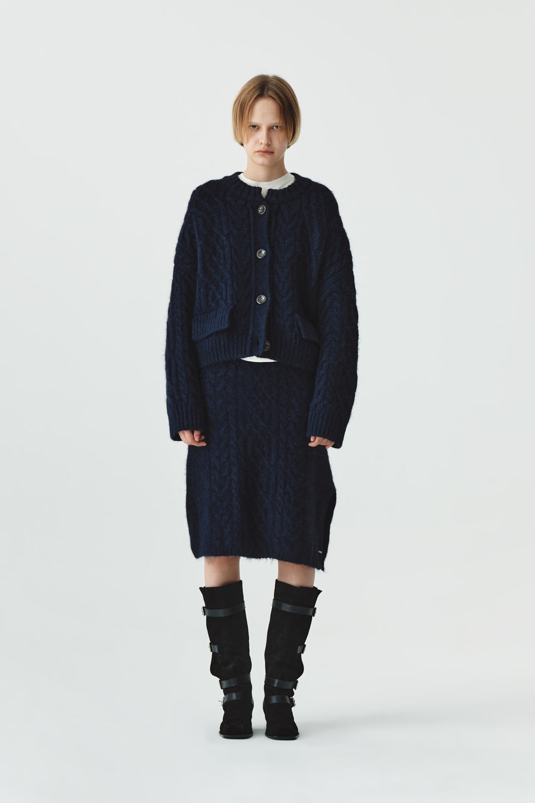 KIMMATIN Wide Cable Midi Knit Skirt — Navy blue