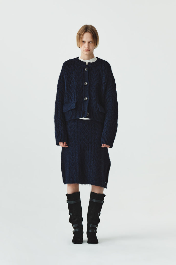 KIMMATIN Wide Cable Midi Knit Skirt — Navy blue