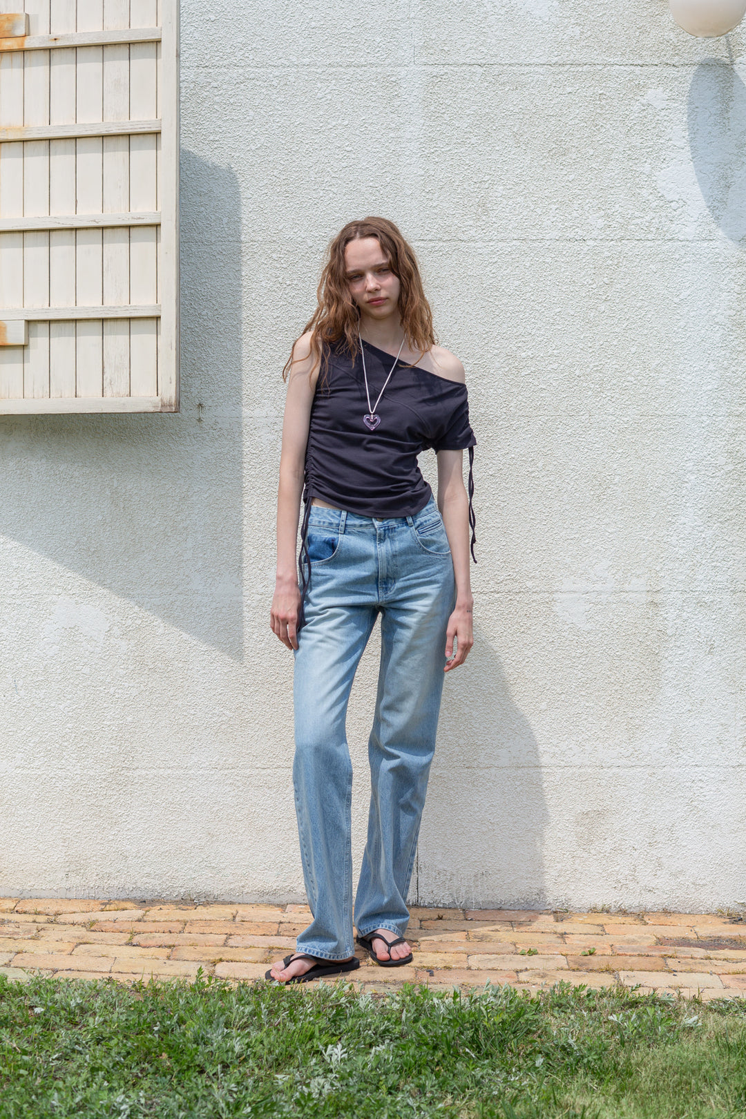 Matin Kim String Off-Shoulder Slim Top — Charcoal