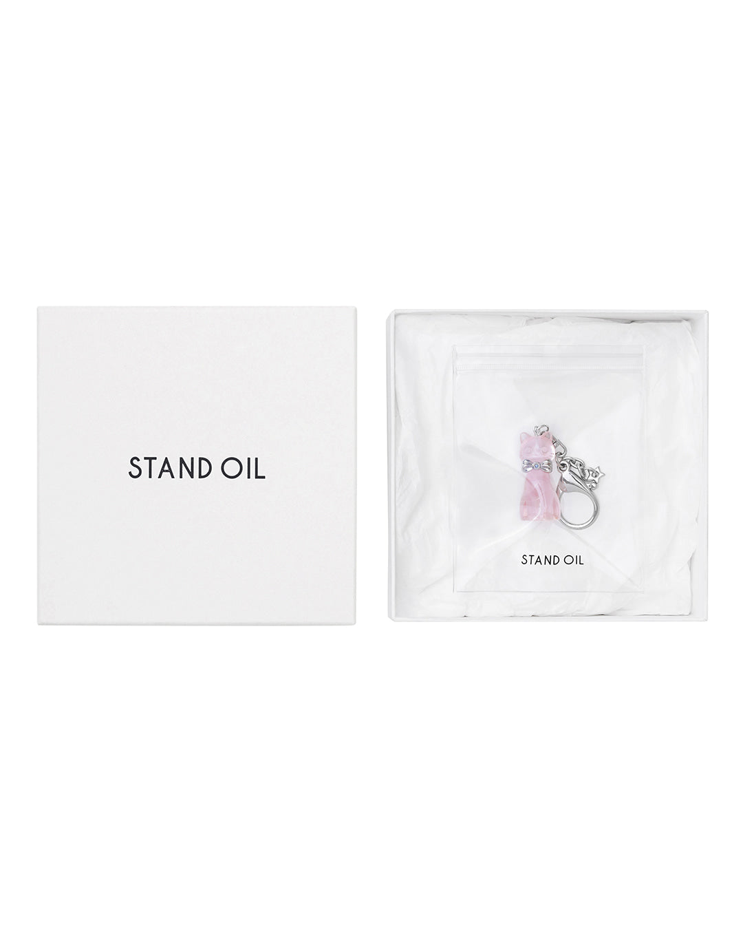Stand Oil Cat Charm — Silver Star Keyring — Baby Pink