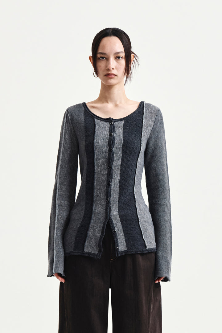Matin Kim Color Block Slim Knit Cardigan — Charcoal