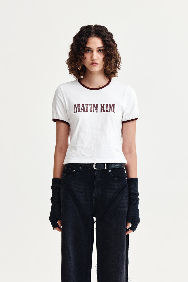 Matin Kim Stud Logo Ringer Top — White