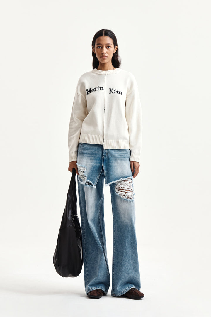 Matin Kim Asymmetric Logo Knit Pullover — Ivory