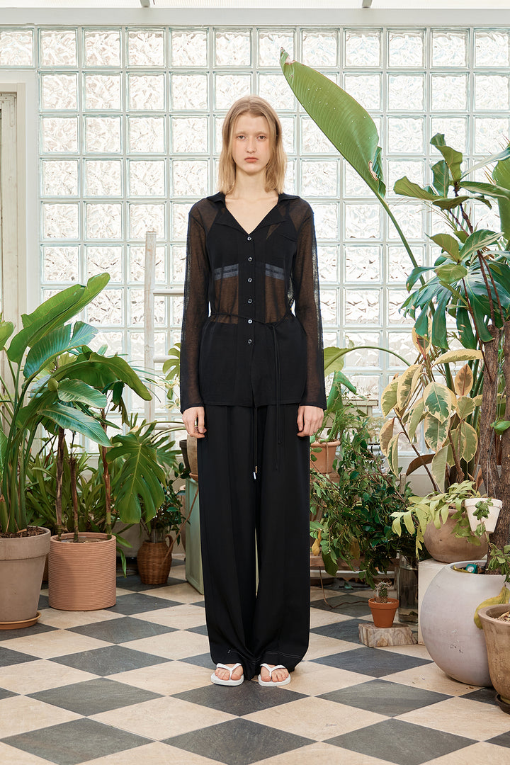 Matin Kim String Point Plain Long Cardigan — Black