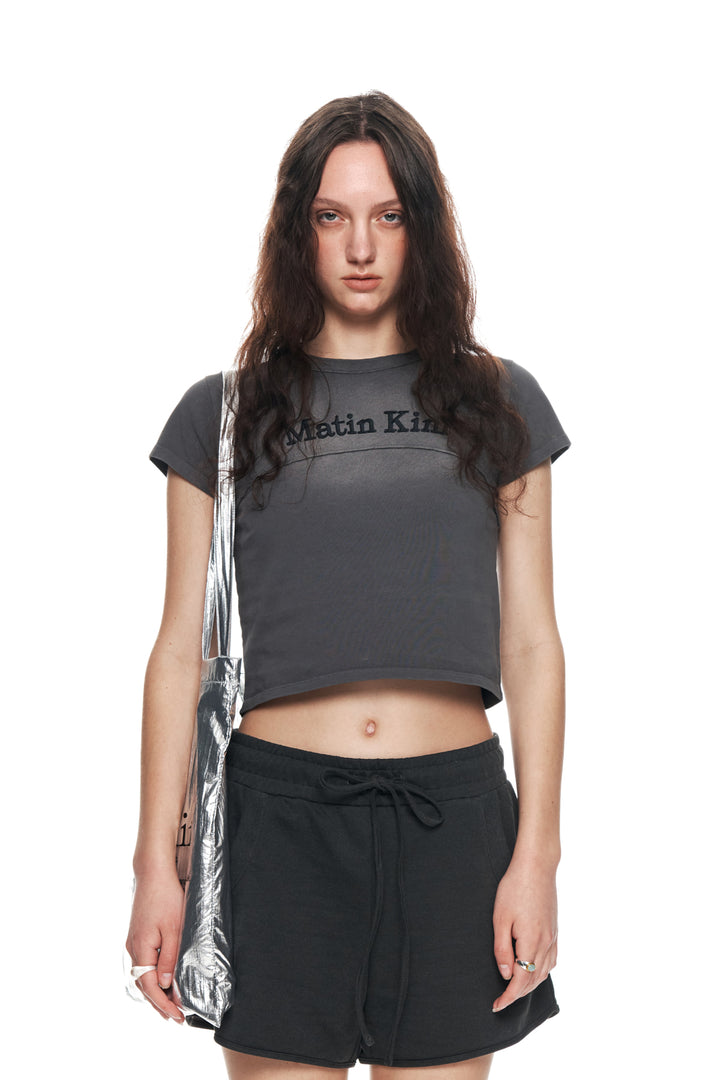 Matin Kim Pigment Cut Out Logo Crop Top — Charcoal