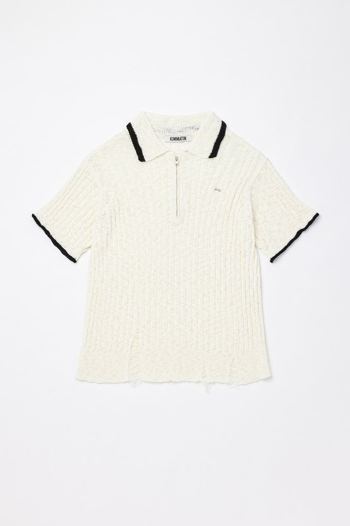 KIMMATIN Half Zip Slub Pique Knit Top — Ivory