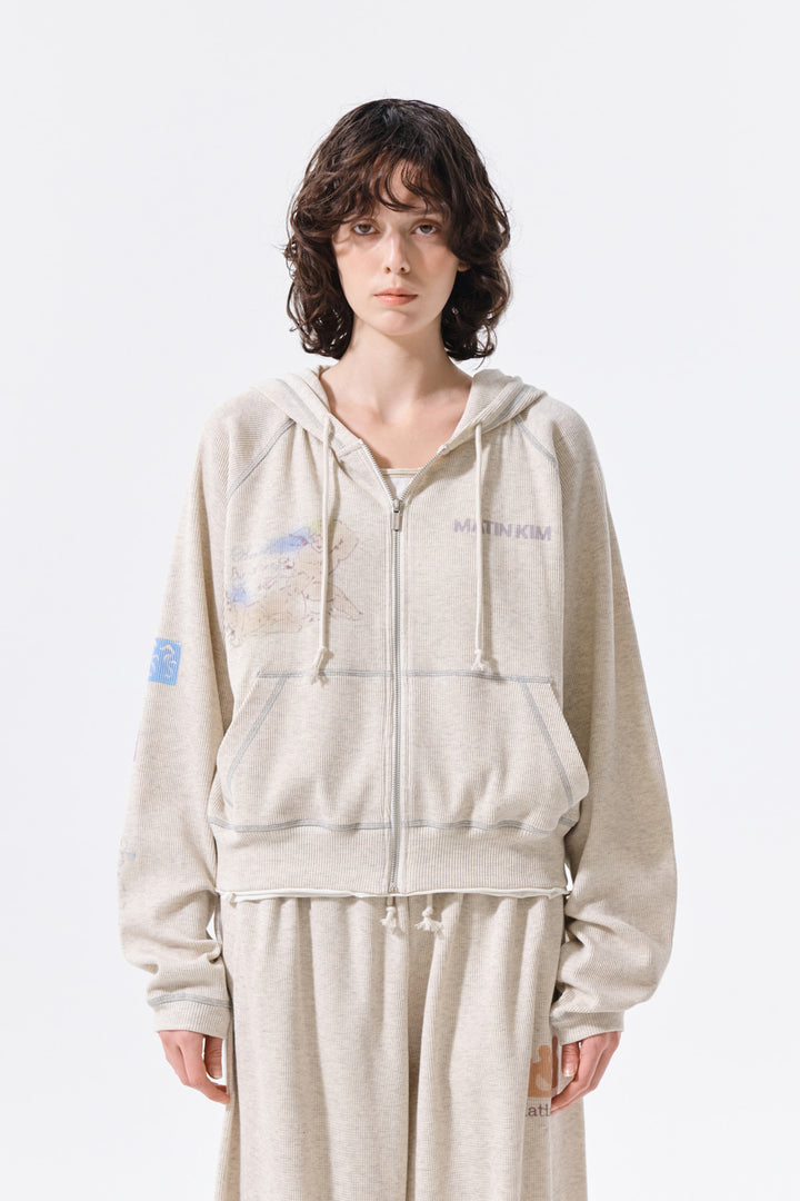 Matin Kim Sketch Graffiti Waffle Zip Hoodie — Beige