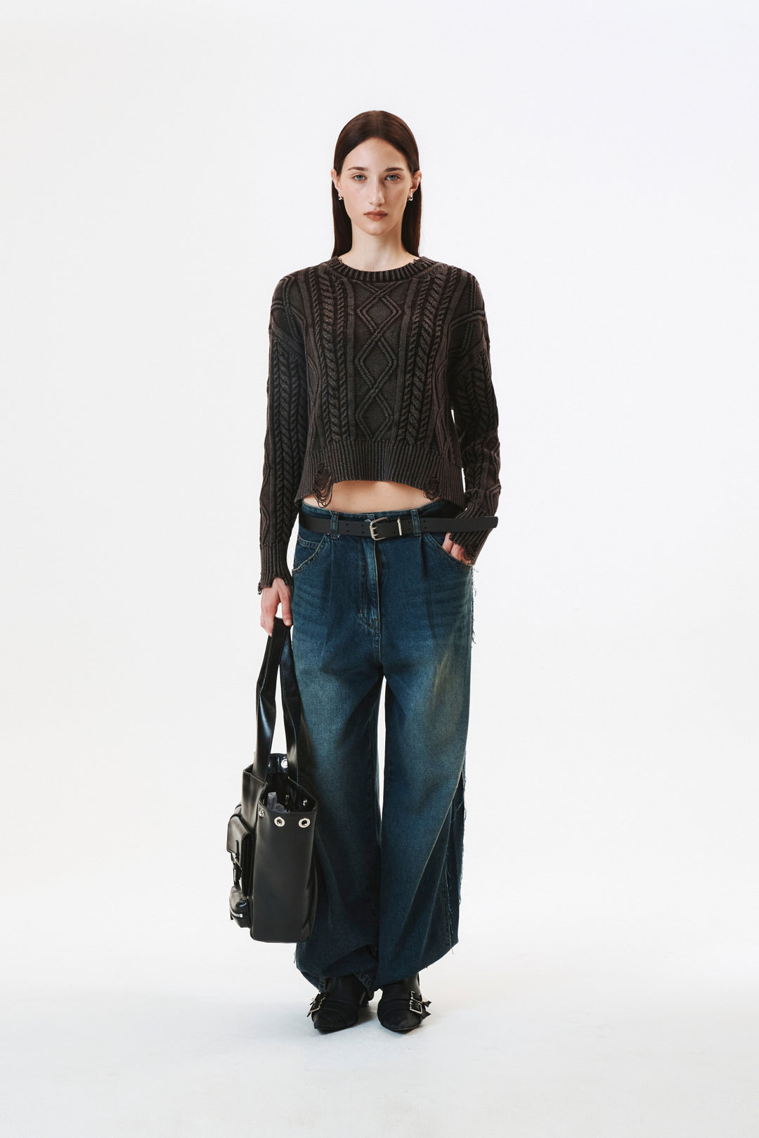 KIMMATIN Washed Cable Pullover Dark — Brown