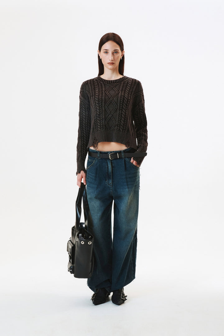 KIMMATIN Washed Cable Pullover Dark — Brown