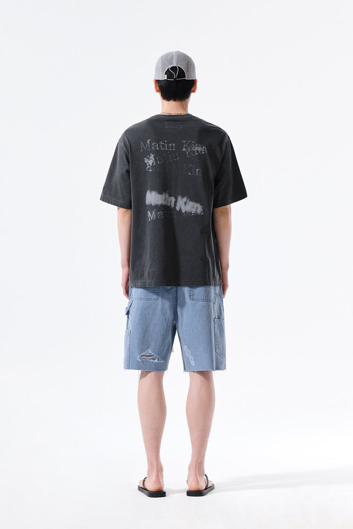 Matin Kim Herringbone Raw Cut Denim Shorts — Light Blue