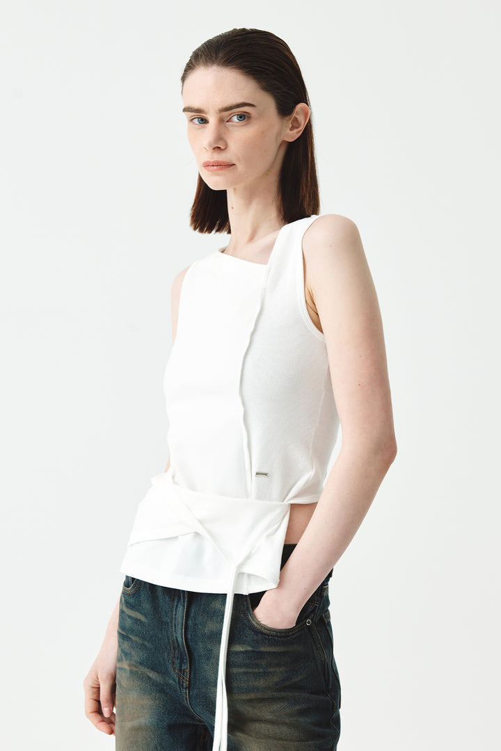 KIMMATIN Back Twist Unbalance Jersey Sleeveless — White
