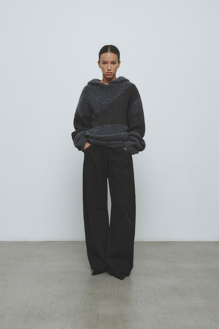 KIMMATIN Color Mix Unbalance Knit Hoody — Charcoal