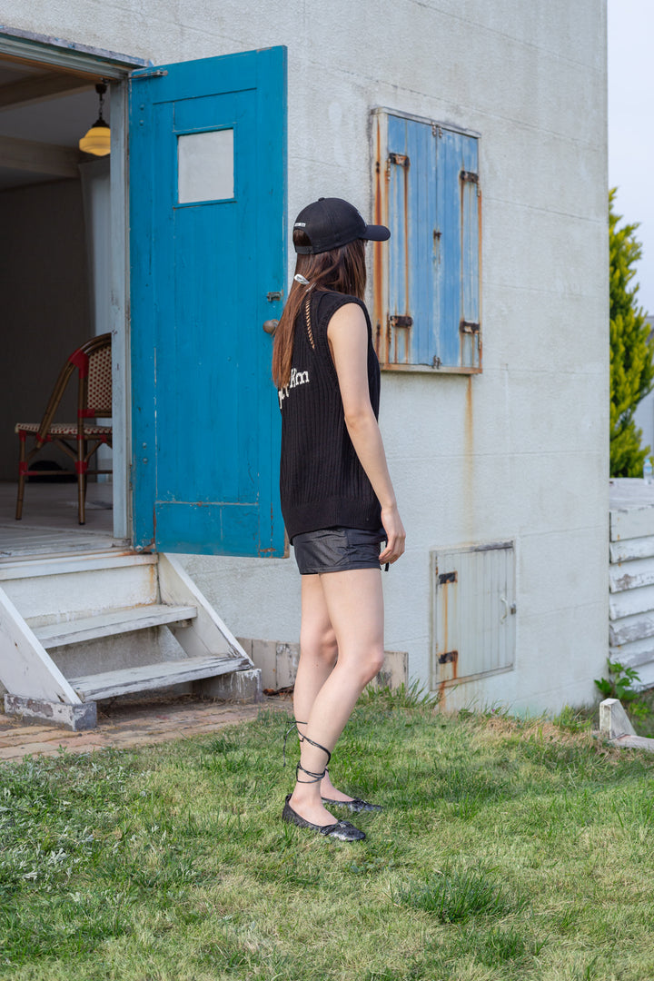 Matin Kim Back Logo High Neck Knit Vest — Black
