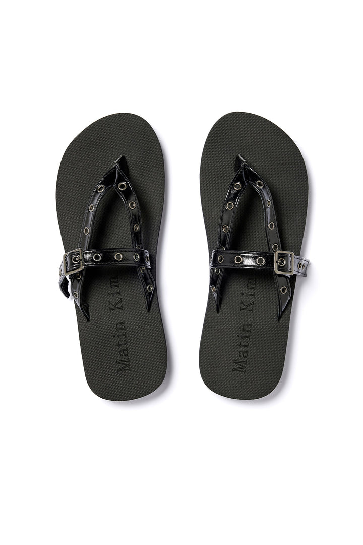 Matin Kim Buckle Eyelet Slippers — Black