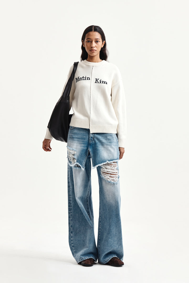 Matin Kim Asymmetric Logo Knit Pullover — Ivory