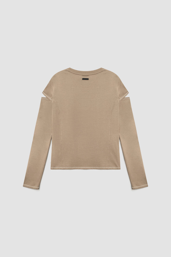 KIMMATIN Stitch Cut Out Long Sleeve Top — Beige