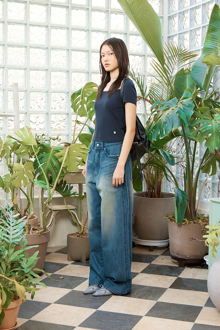 Matin Kim Rough Cut Line Point Denim — Blue