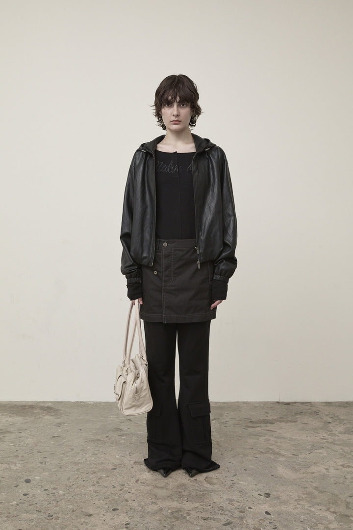 Matin Kim Faux Leather Hoody Crop Jumper — Black