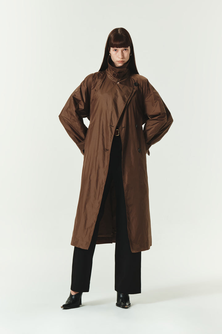 KIMMATIN Raglan Belted Nylon Trench Coat — Brown