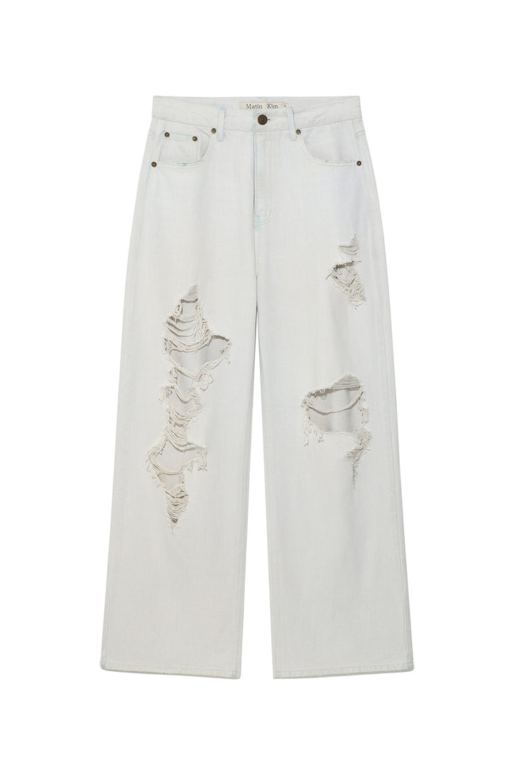 Matin Kim Damage Point Washed Wide Denim — Light Grey