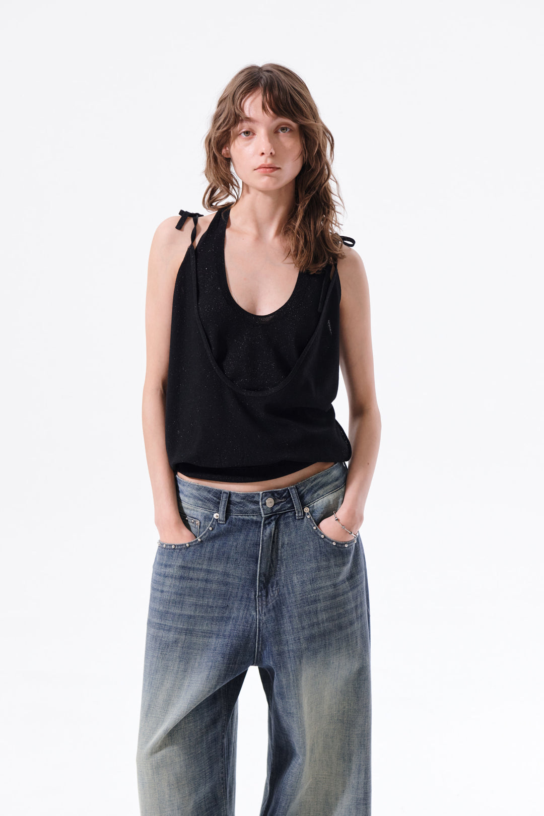 Matin Kim Layered Tie Halter Neck Knit Top — Black