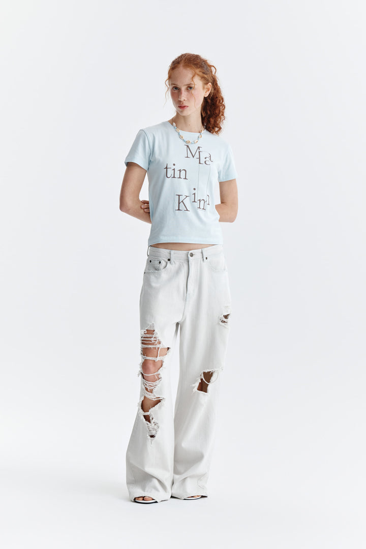 Matin Kim Patchwork Graphic Logo Tee — Light Blue