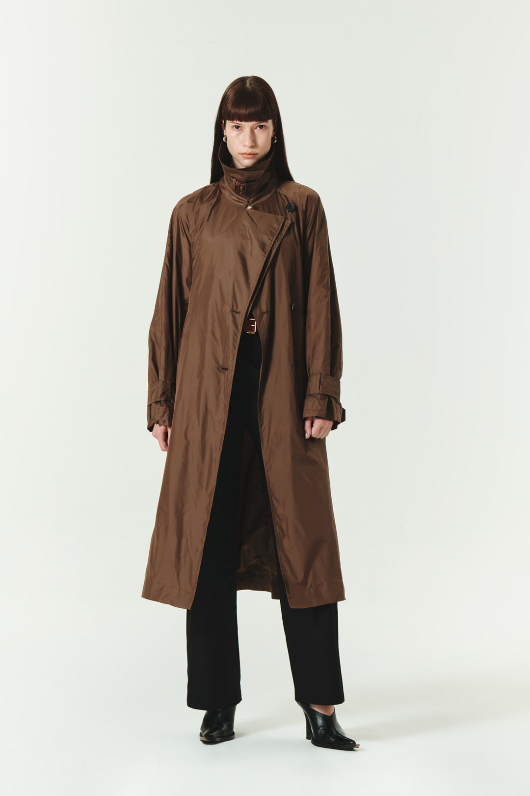 KIMMATIN Raglan Belted Nylon Trench Coat — Brown
