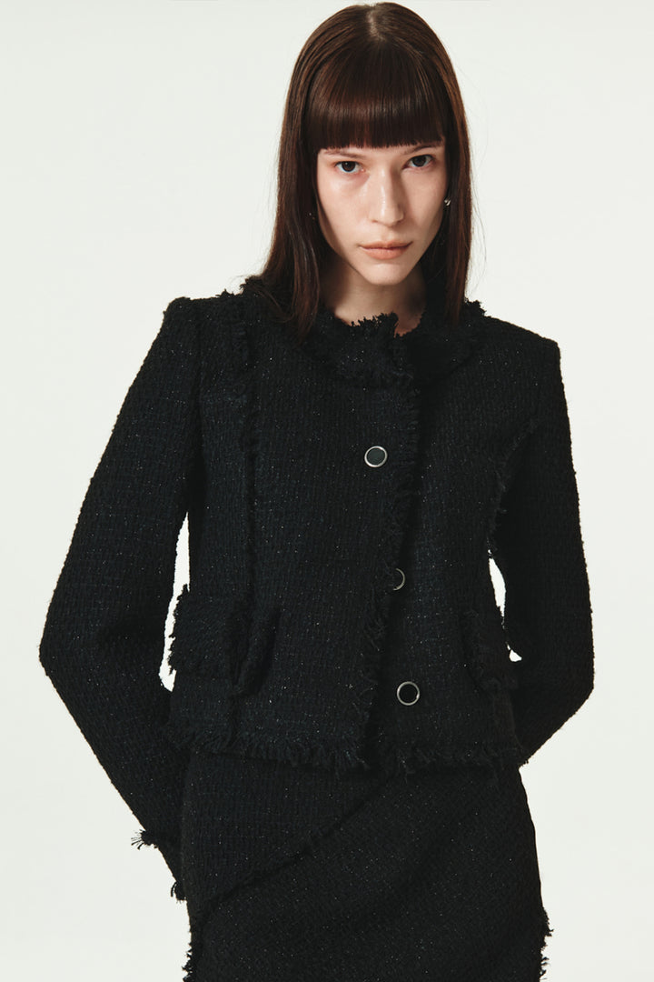 KIMMATIN Unbalance Tweed Crop Jacket — Black