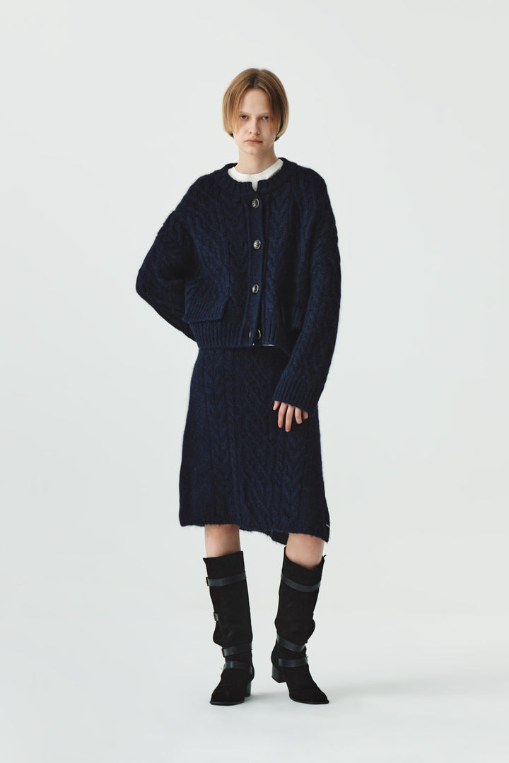 KIMMATIN Wide Cable Midi Knit Skirt — Navy blue