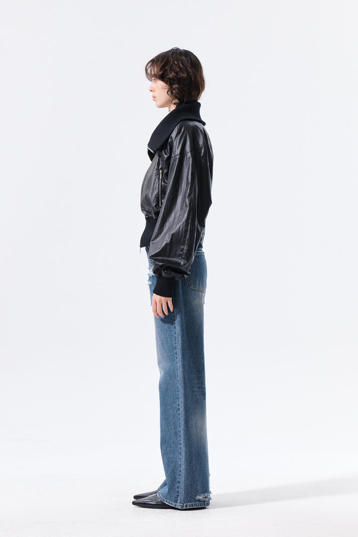 Matin Kim Shine Crinkle Zip Blouson — Black