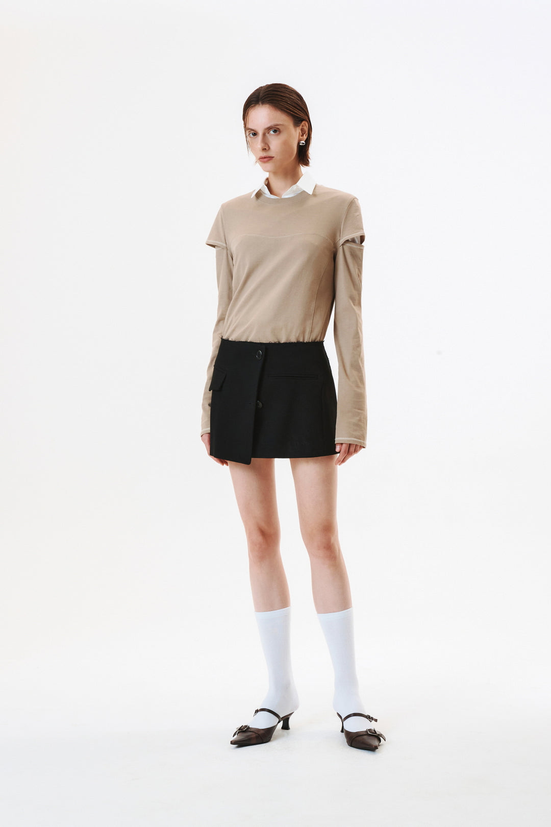 KIMMATIN Stitch Cut Out Long Sleeve Top — Beige