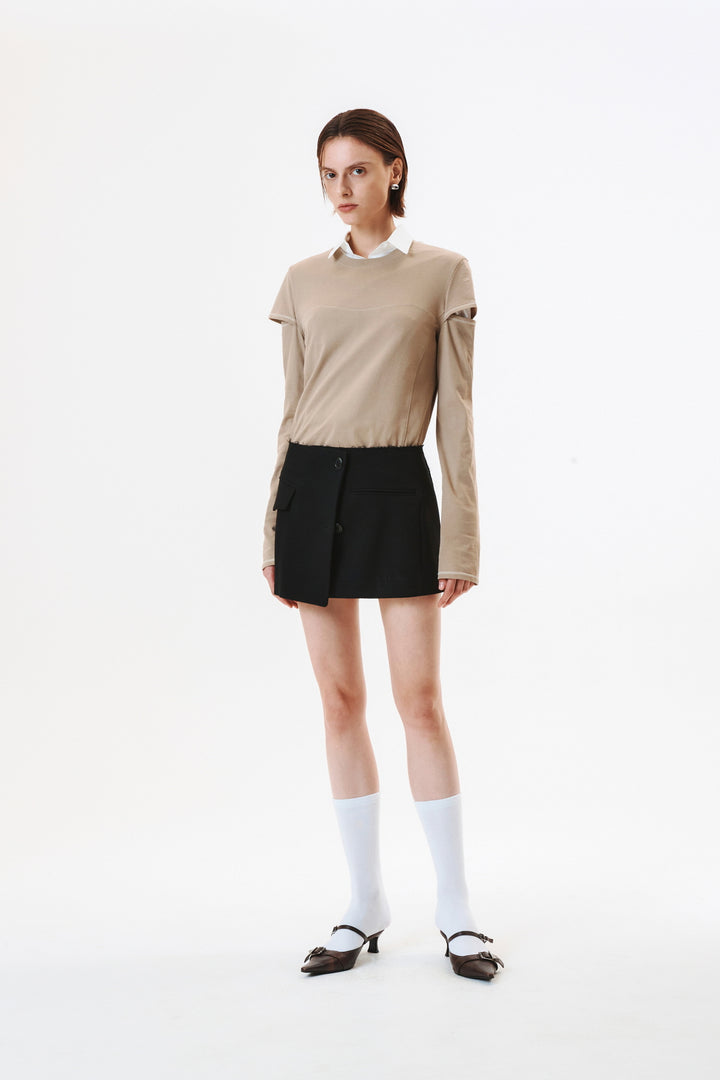 KIMMATIN Stitch Cut Out Long Sleeve Top — Beige