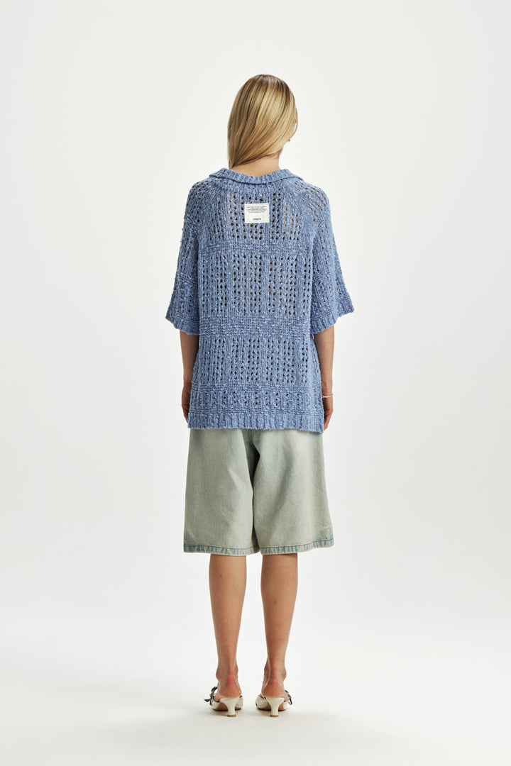 KIMMATIN Punching Knit Collar Top — Light Blue