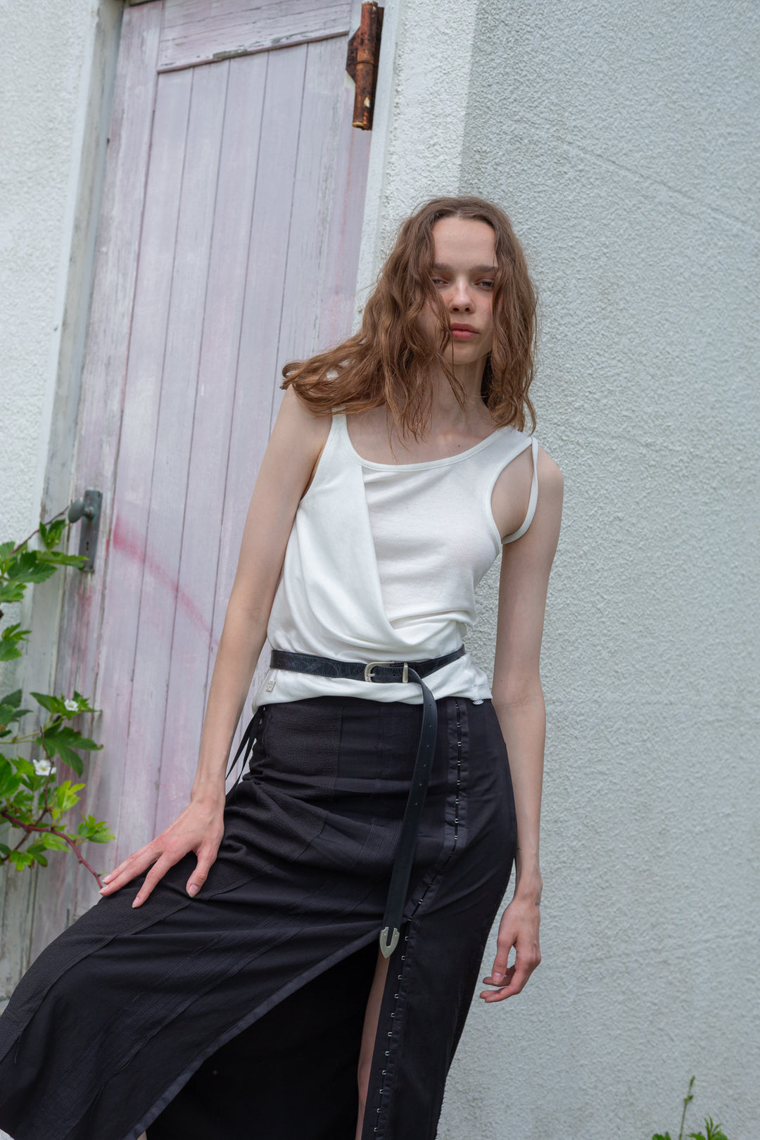 Matin Kim Unbalance Tuck Sleeveless Top — White