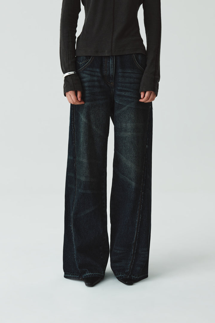 KIMMATIN Washed Cut Out Wide Denim — Navy blue