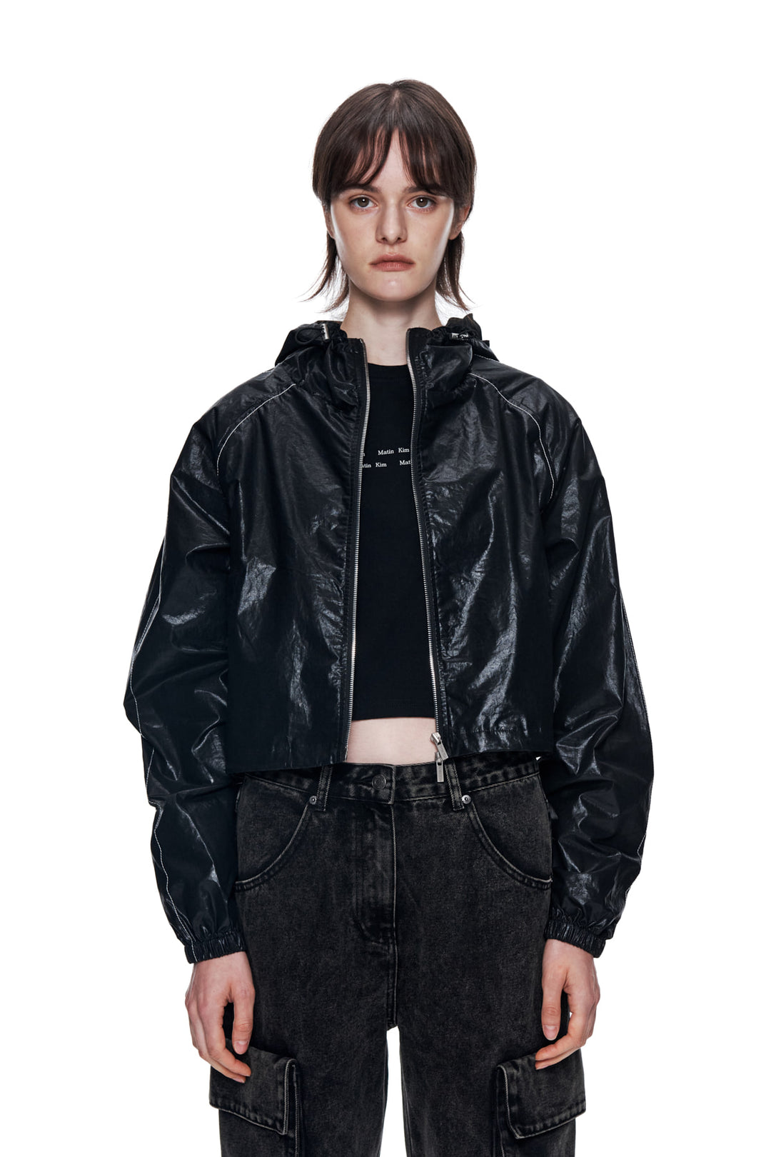 Matin Kim Crop Hoody Coating Jumper — Black