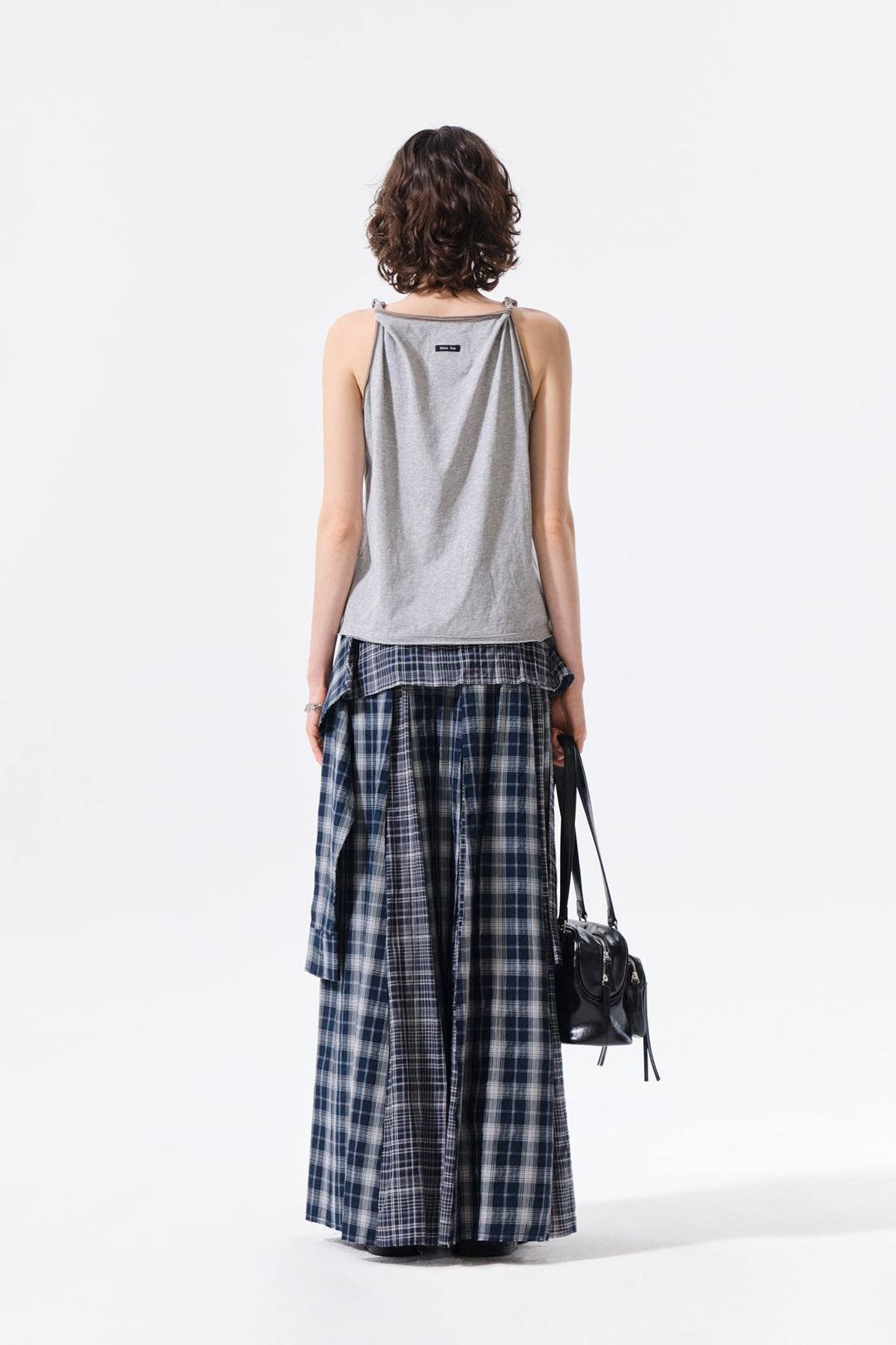 Matin Kim Mixed Check Sleeve Tie Flare Skirt — Navy blue
