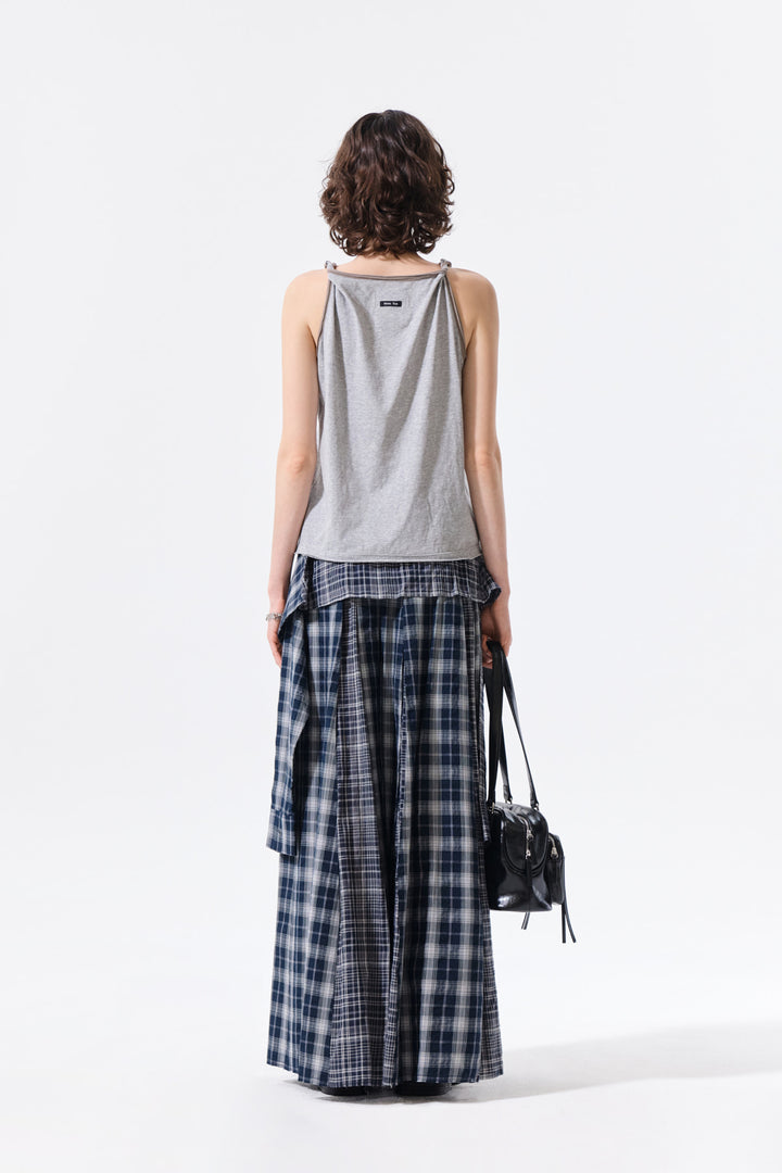 Matin Kim Mixed Check Sleeve Tie Flare Skirt — Navy blue