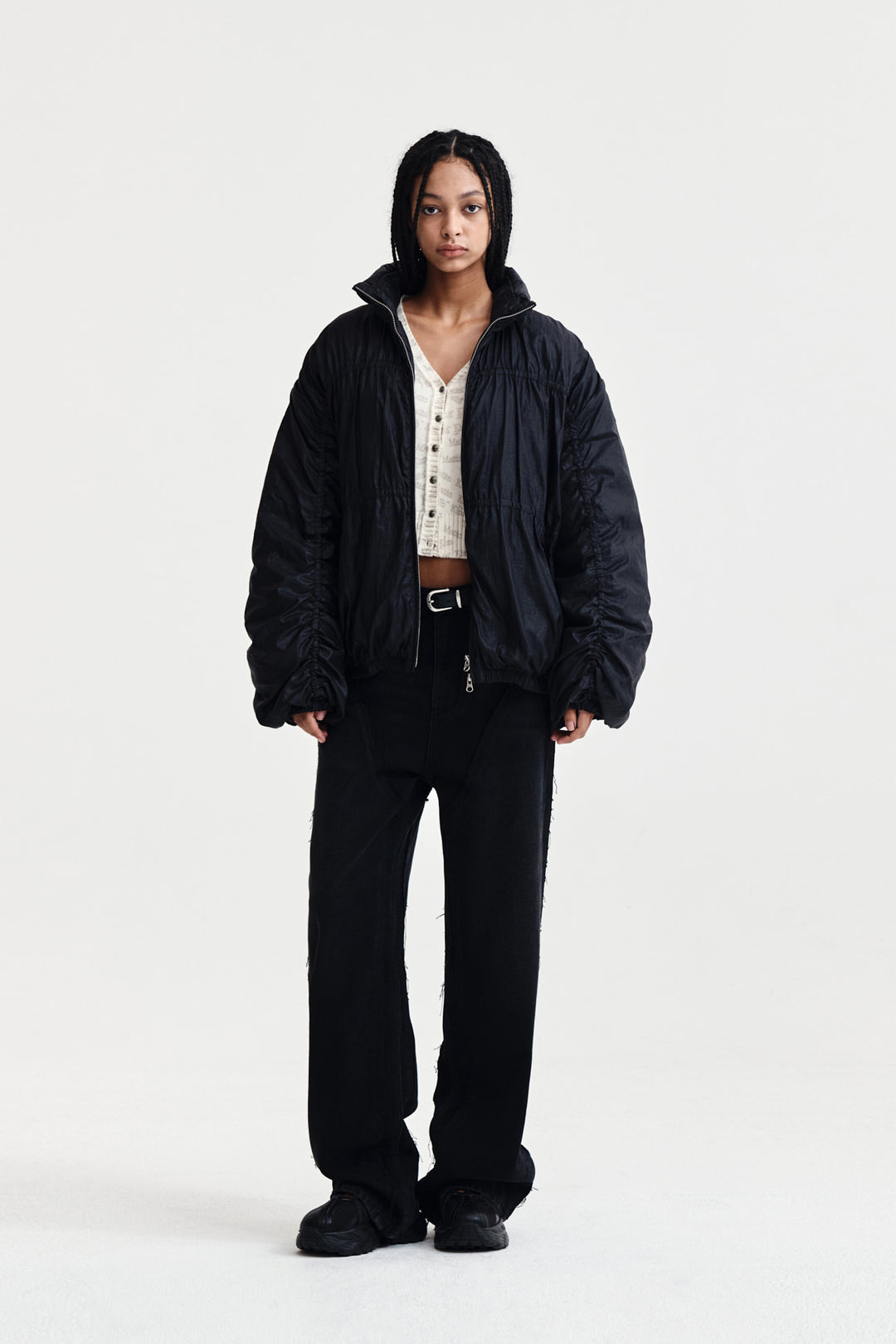 Matin Kim High Neck Shirring Down Jumper — Black
