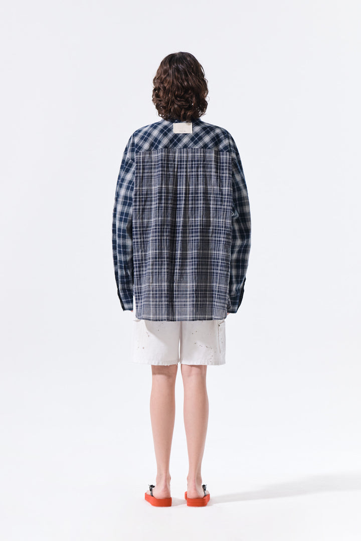 Matin Kim Mixed Check Overfit Shirt — Navy blue