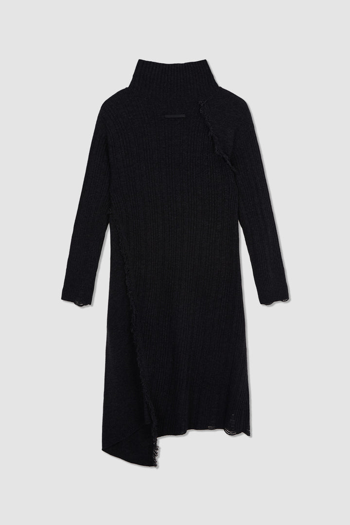 KIMMATIN Unbalance Fringe Knit Dress — Charcoal