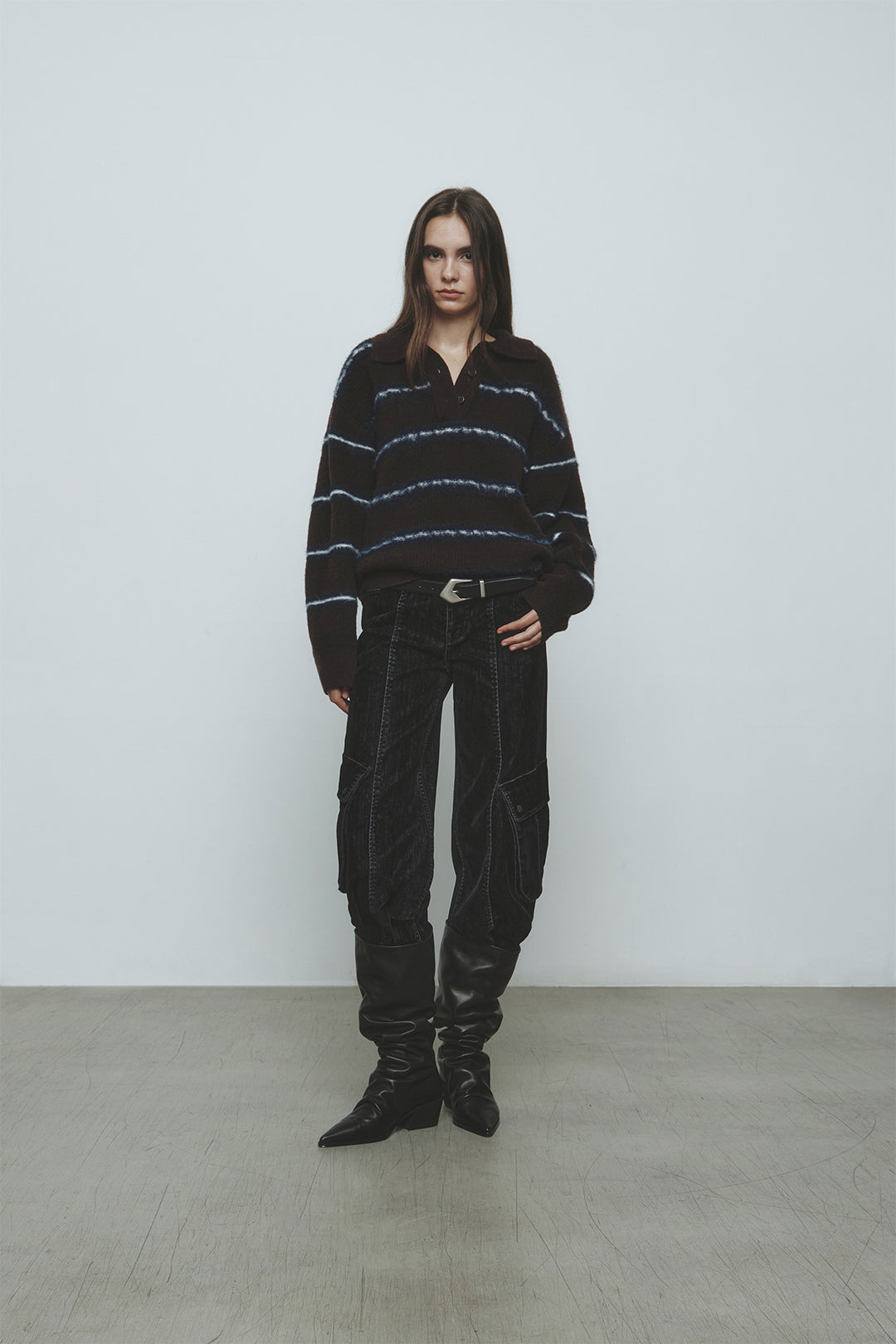 KIMMATIN Hairy Stripe Piqué Knit Top — Brown