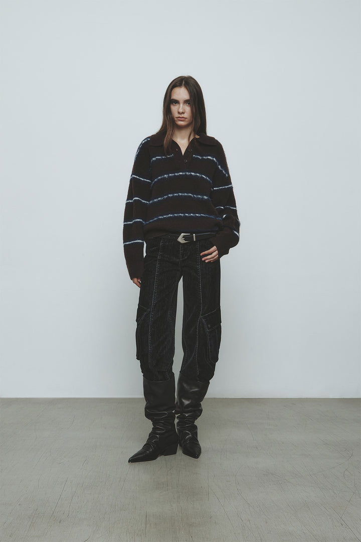 KIMMATIN Hairy Stripe Piqué Knit Top — Brown