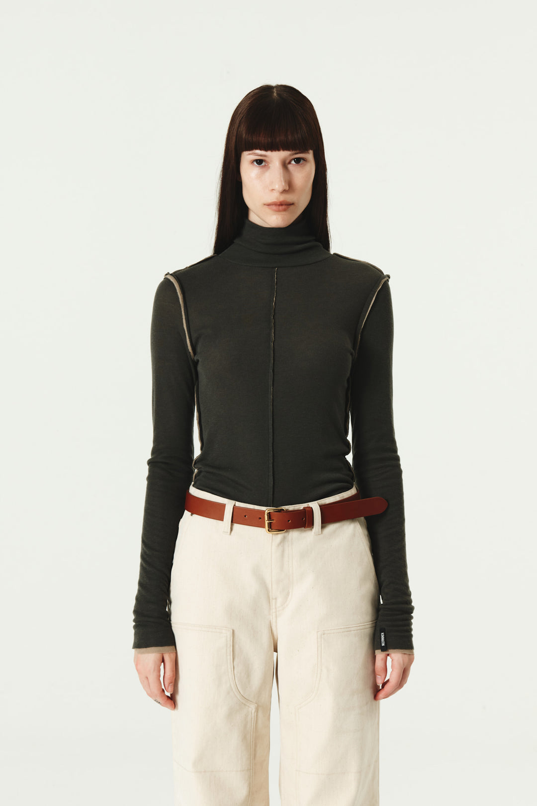 KIMMATIN Cut Line Point Turtle Neck Slim Top — Charcoal