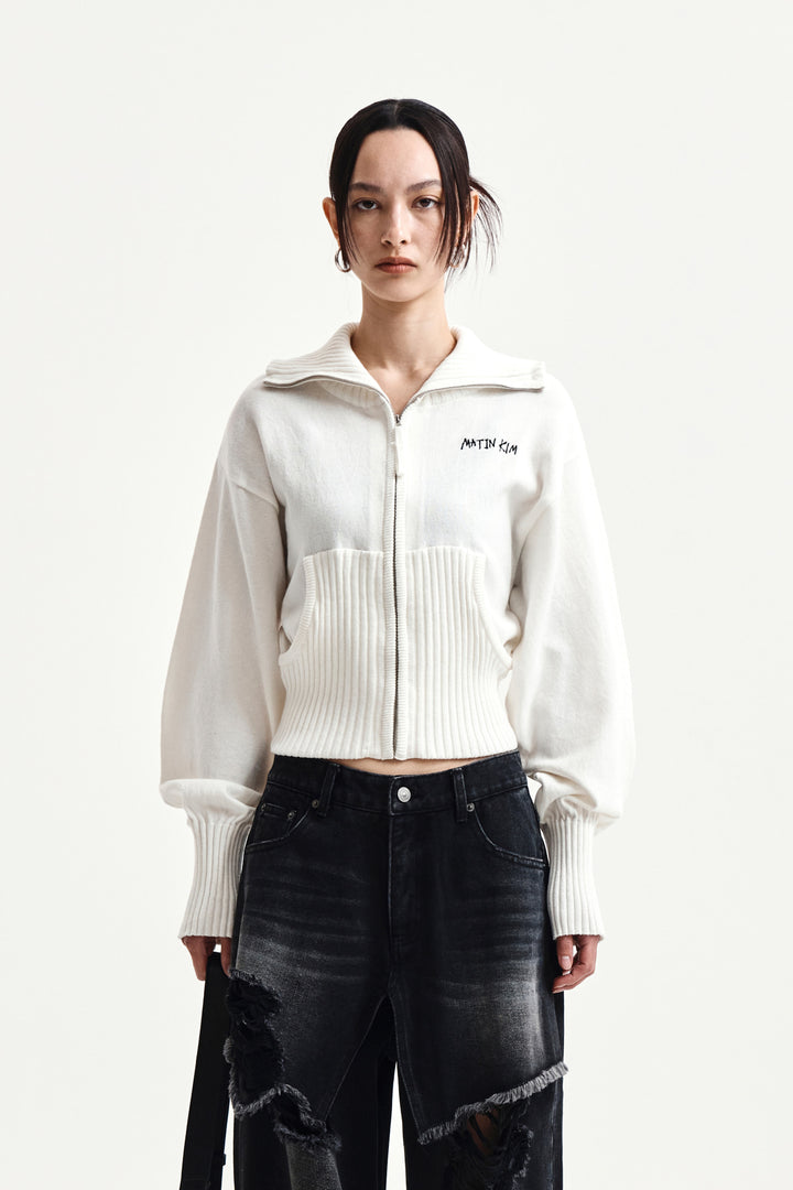 Matin Kim High Neck Embroidered Logo Zip Up — Ivory