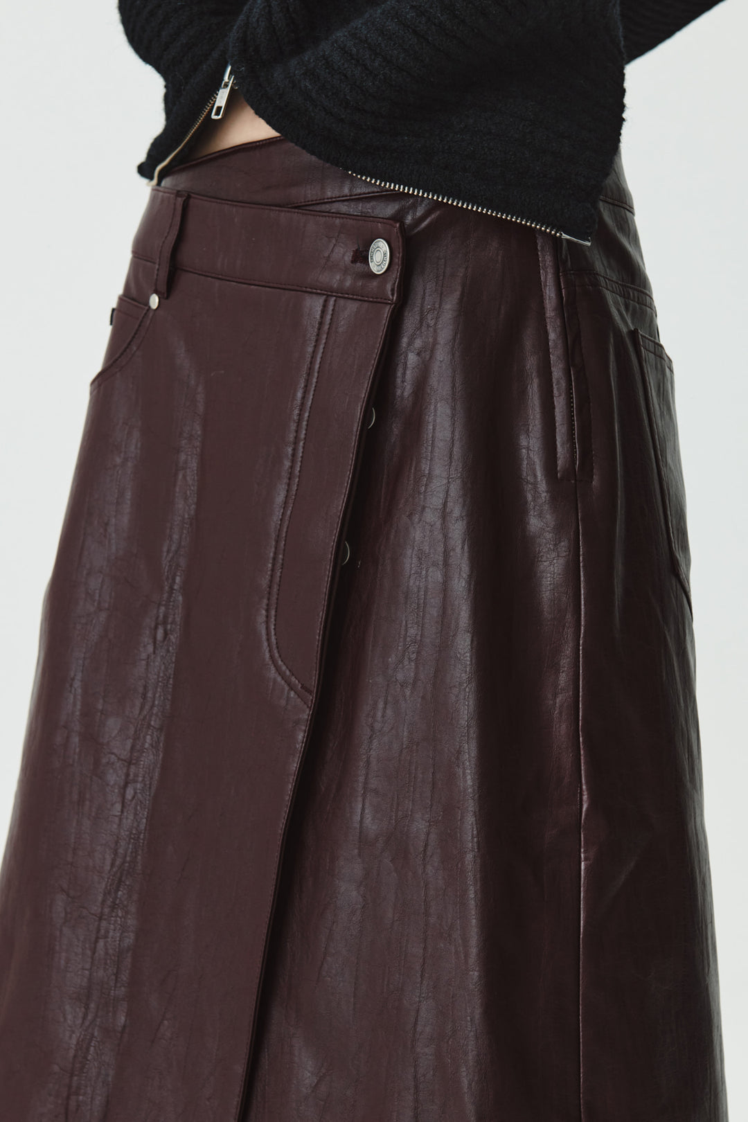 KIMMATIN Faux Leather Midi Wrap Skirt — Burgundy