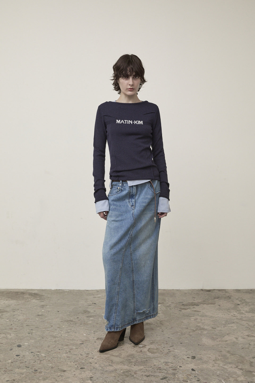 Matin Kim Damage Point Long Denim Skirt — Blue
