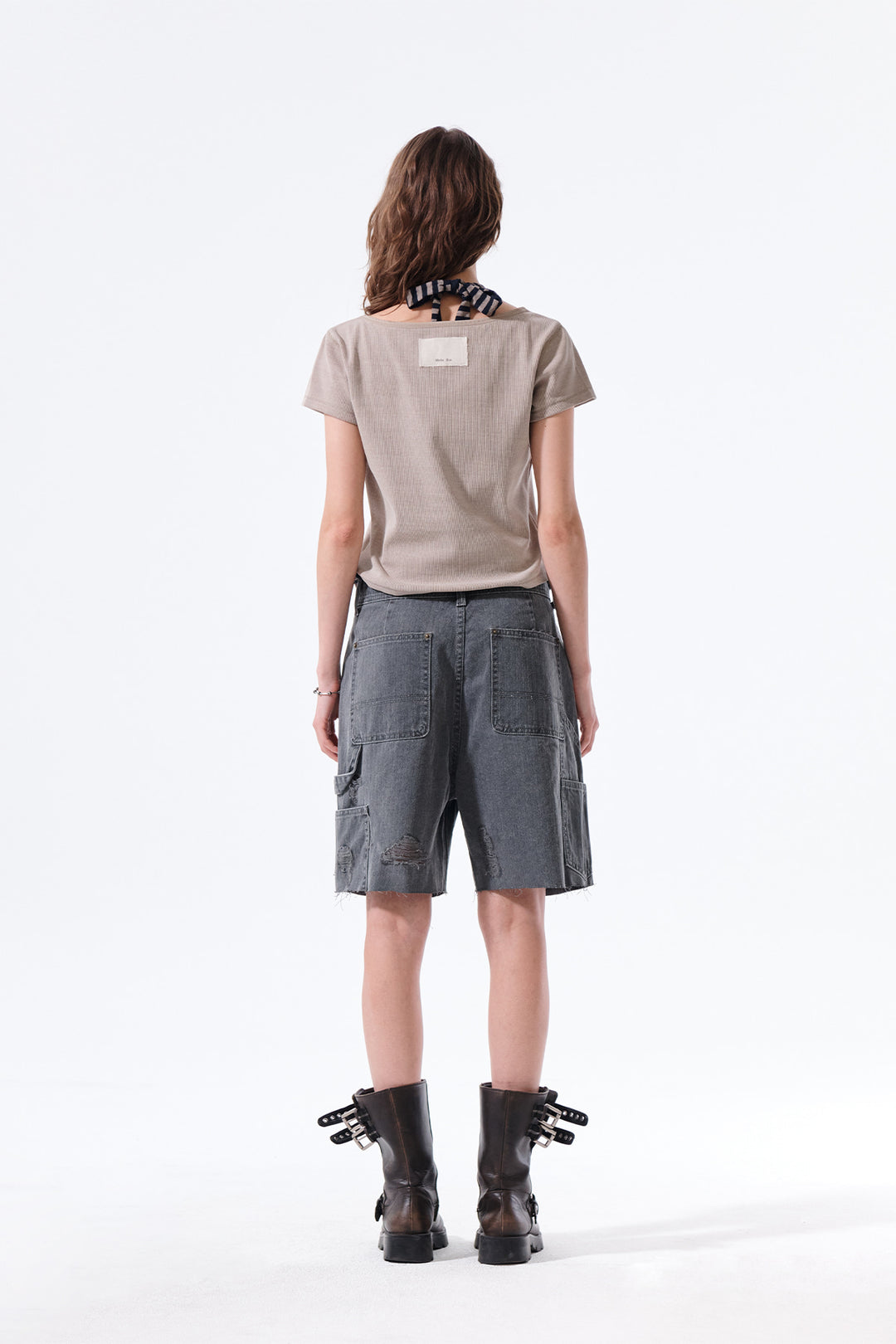 Matin Kim Herringbone Raw Cut Denim Shorts — Gray